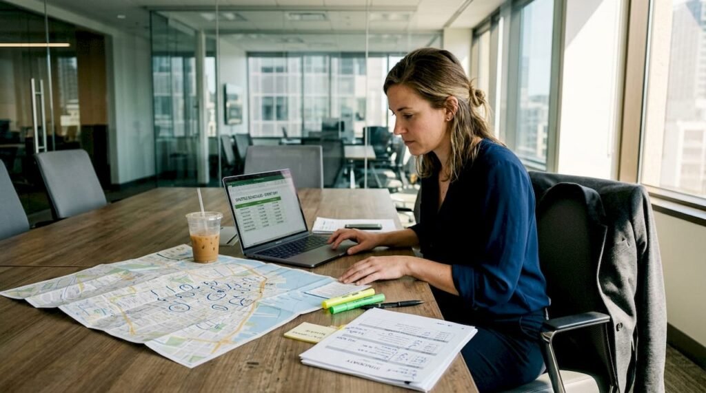 Event planner reviews transportation logistics