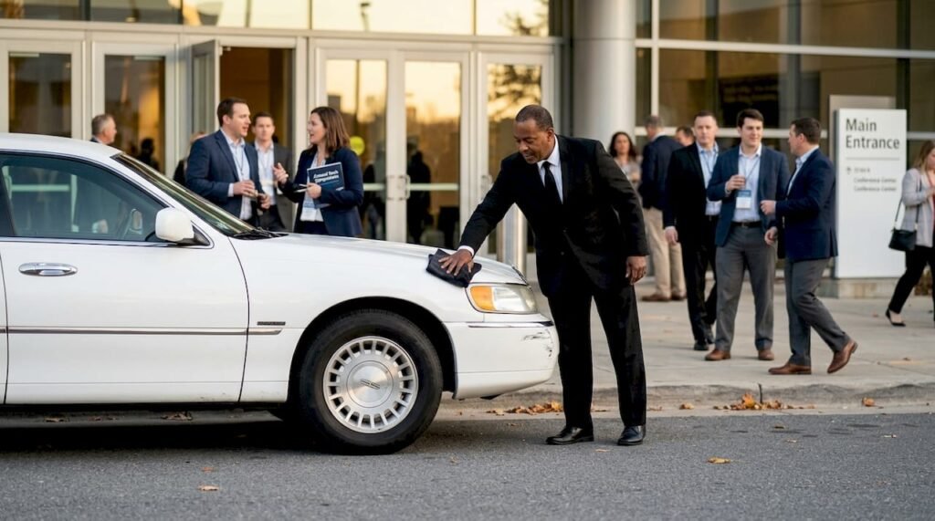 Chauffeur prepares limousine at upscale event