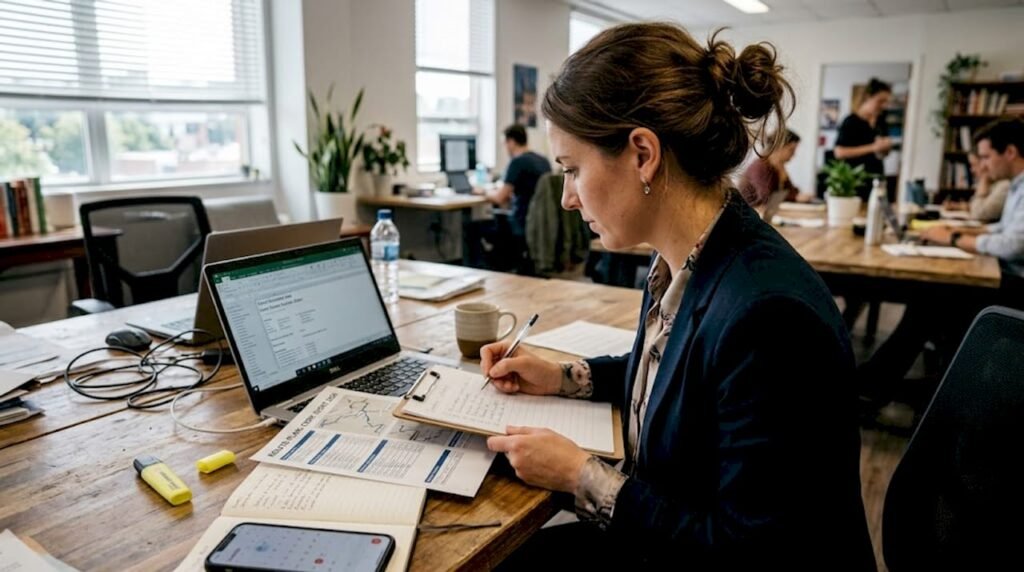Event planner checking transportation paperwork