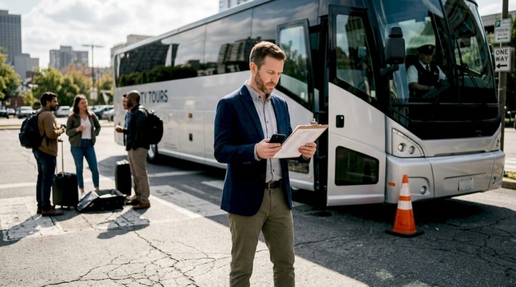 Event coordinator manages group boarding bus