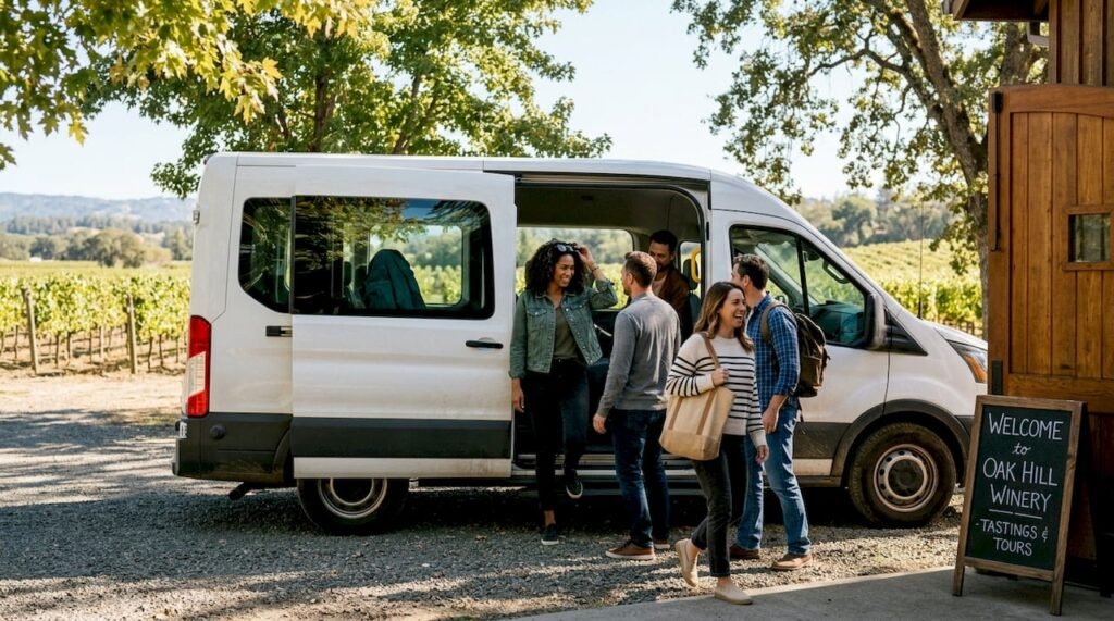 Group exits shuttle at sunny winery entrance