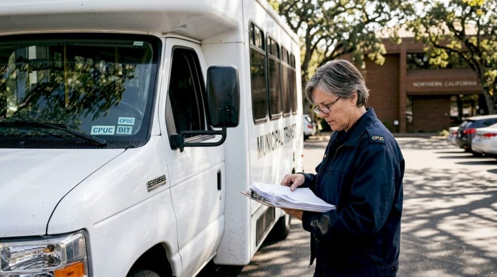 Compliance officer inspecting licensed bus
