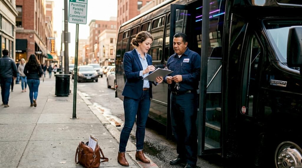 Event planner checking party bus safety documents