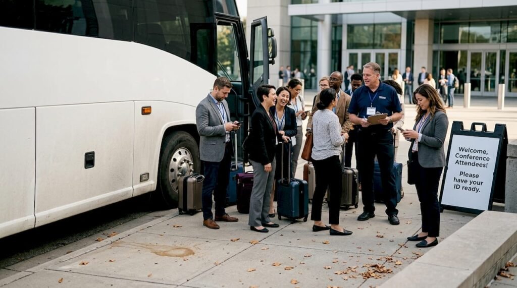 People boarding event charter bus outside venue